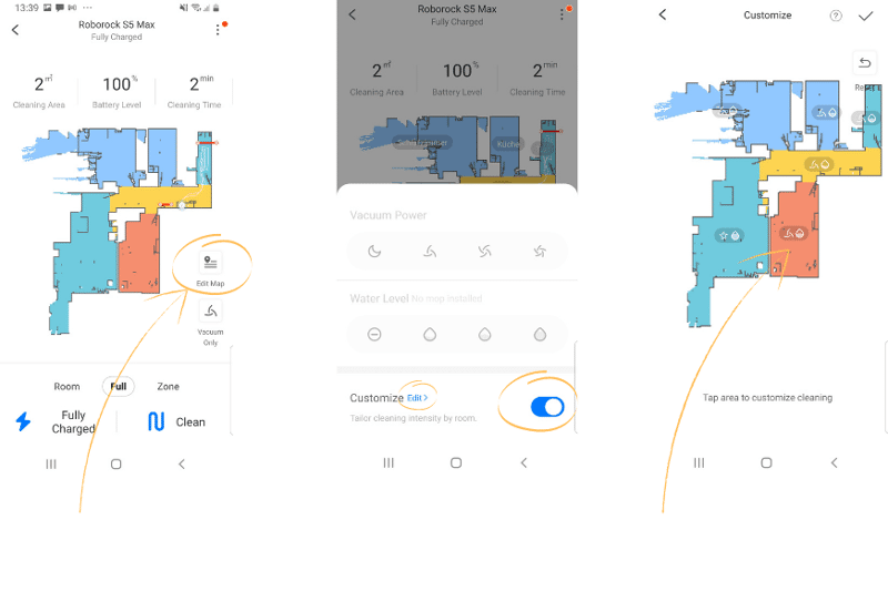 You can set the suction power and water intensity individually per room in the app